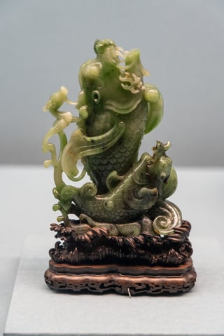 A green ceramic sculpture of a man and a dragon on a pedestal, with intricate details and a golden dragon on the man's head.