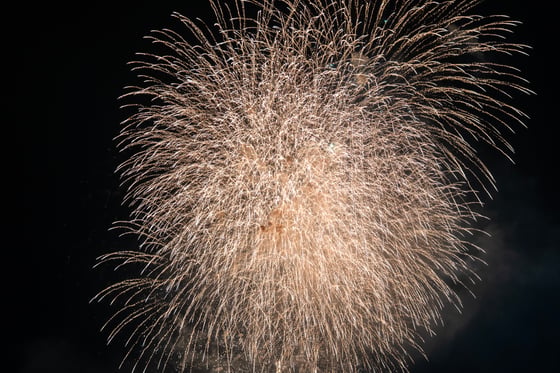 A fireworks display in the night sky, with bright white and yellow colors, creating a dazzling spectacle.