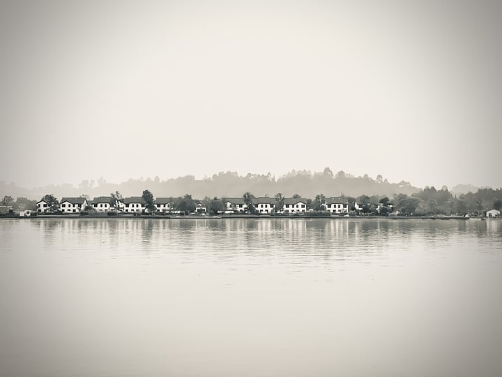 A serene black and white image of a row of houses on a calm lake, with trees in the background and a foggy sky above.