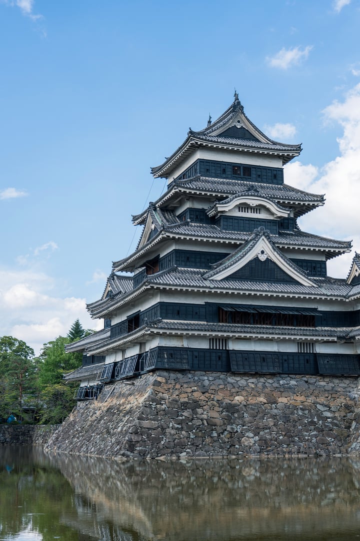 A large, multi-level Japanese castle with a black and white color scheme is situated on a stone wall by a body of water, with a clear blue sky above.