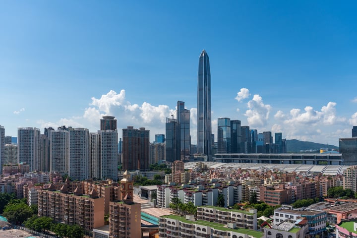 A panoramic cityscape with a tall, modern skyscraper, a mix of modern and older buildings, and a clear blue sky with scattered clouds.