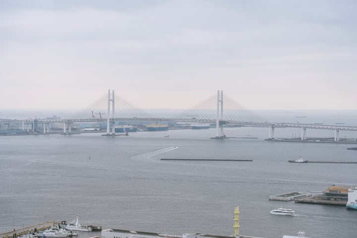 A large white bridge with two pillars stretches across a calm body of water, surrounded by a cityscape of buildings and cranes. Boats of various sizes are scattered across the water, and a yellow tower stands out in the distance.