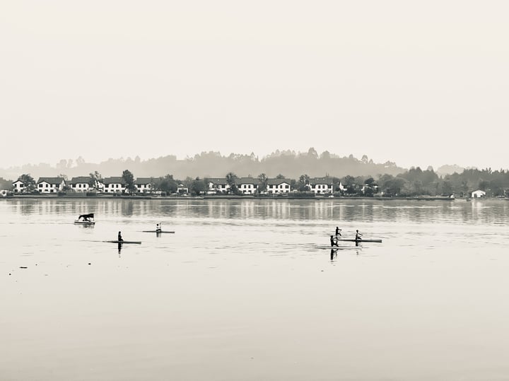 A black and white photo shows people paddleboarding on a calm lake with houses on the shore.