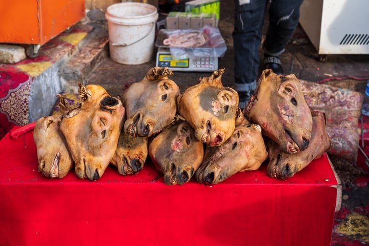 A red tablecloth covers a table with eight pig legs, some of which are lying on the tablecloth. A person is standing behind the table, and a white bucket is on the ground.