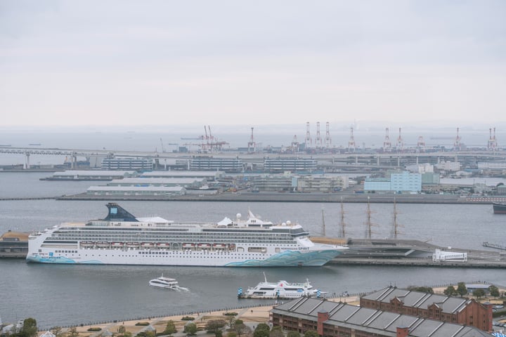 A large white cruise ship with a blue stripe is docked in a harbor, surrounded by smaller boats and cranes. The harbor is bustling with activity, with buildings and cranes in the background.
