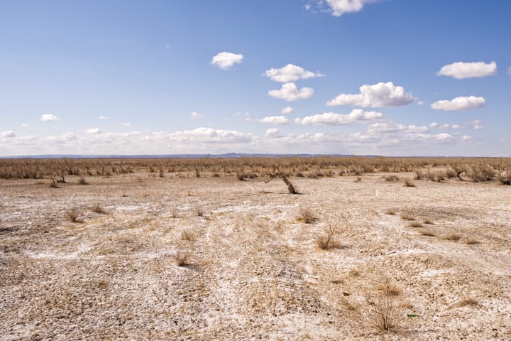 A vast, barren landscape stretches out under a clear blue sky, with sparse, brown grass and a few small, white clouds scattered across the sky.