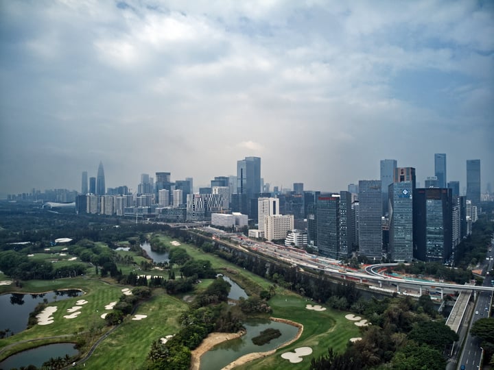 A bustling cityscape with towering skyscrapers, a park with lush greenery, and a highway running through it.