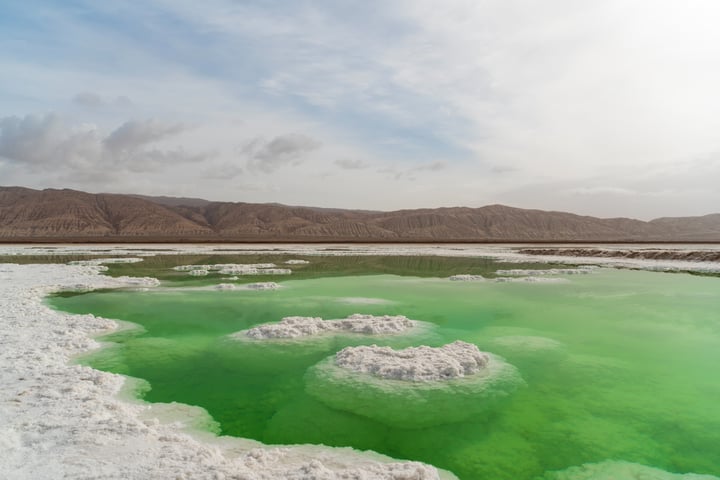 A vast, green lake surrounded by white, cracked sand and a mountain range in the background.
