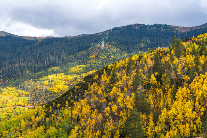 A mountain range with trees in autumn colors, a winding road, and a cloudy sky.
