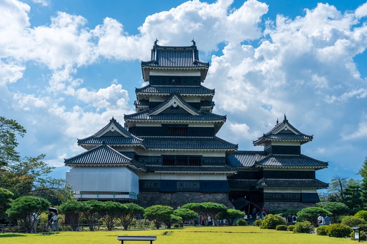 A majestic, multi-level castle-like structure with a dark blue roof and white walls stands in a lush green park, surrounded by trees and a clear blue sky with fluffy white clouds. A bench is in the foreground, and people are scattered around, enjoying the serene environment.